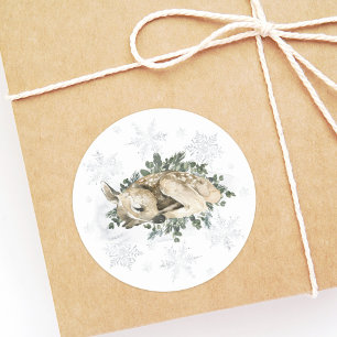 Sticker Rond Baby Shower Cerf Hiver Bleu Vert