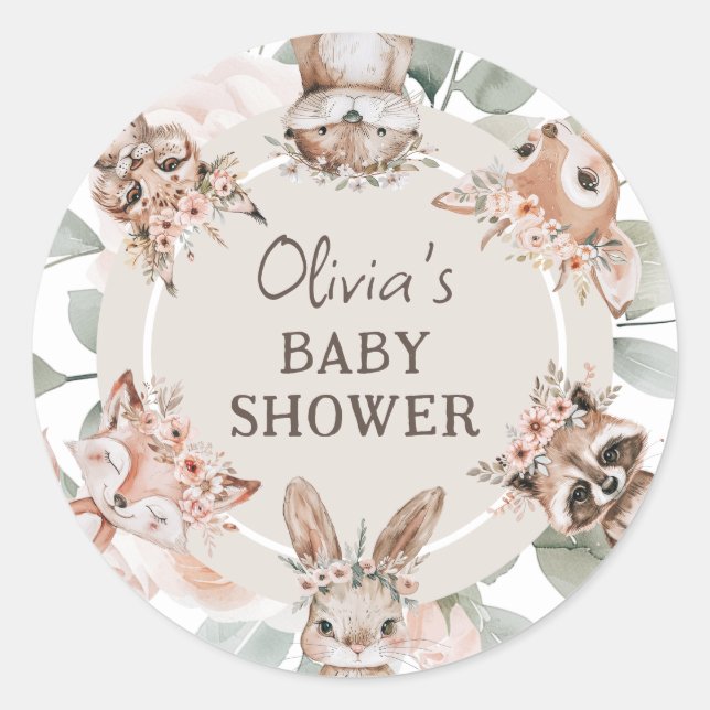 Sticker Rond Baby shower Chic Boho Woodland Animaux (Devant)