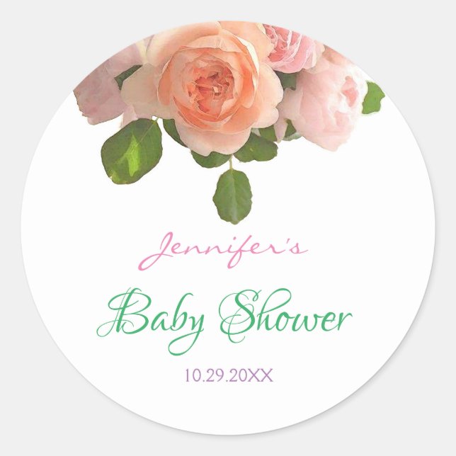 Sticker Rond Baby shower Chic Texte manuscrit Roses aquarelle (Devant)