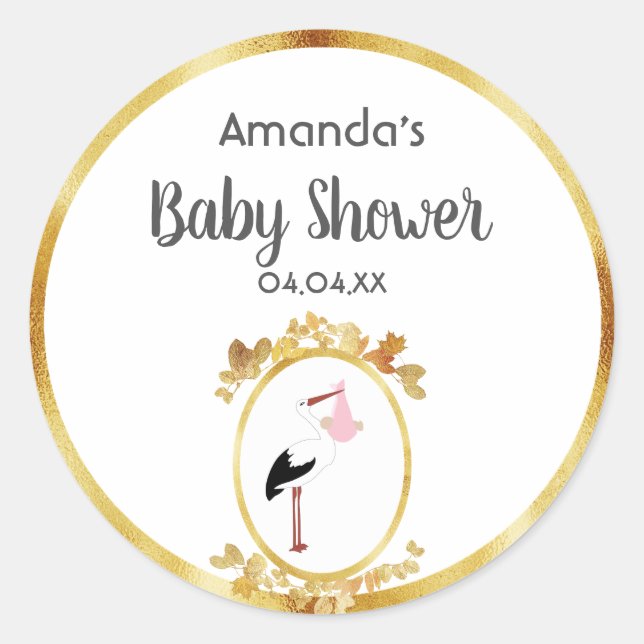 Sticker Rond Baby shower cigogne nom fille élégant (Devant)