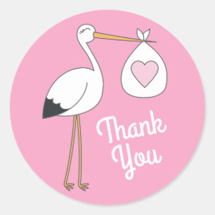 Sticker Rond Baby shower cigogne rose fille mignonne dessin