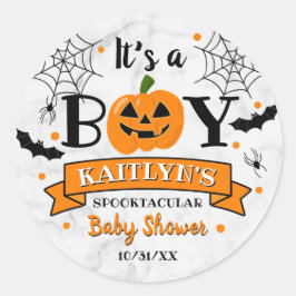 Sticker Rond baby shower Citrouille d'Halloween "C'est un garço