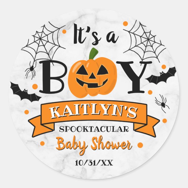 Sticker Rond baby shower Citrouille d'Halloween "C'est un garço (Devant)