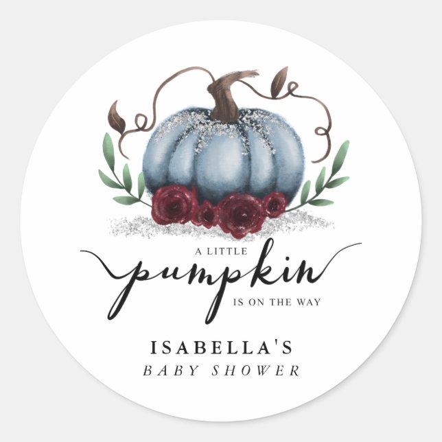 Sticker Rond Baby shower Citrouille Rustique bleu argent Favori (Devant)