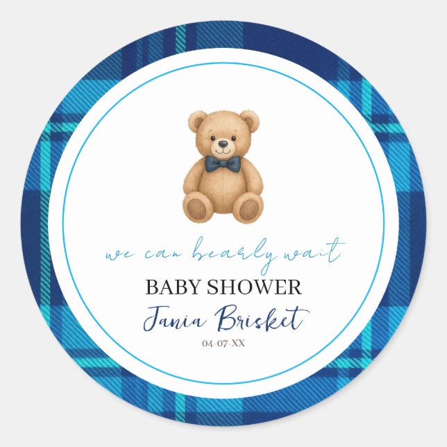 Sticker Rond Baby Shower Classique Ourson à Carreaux Bleus (Devant)