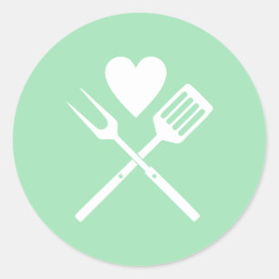 Sticker Rond Baby shower Coeur BBQ Blanc Vert Mint Moderne