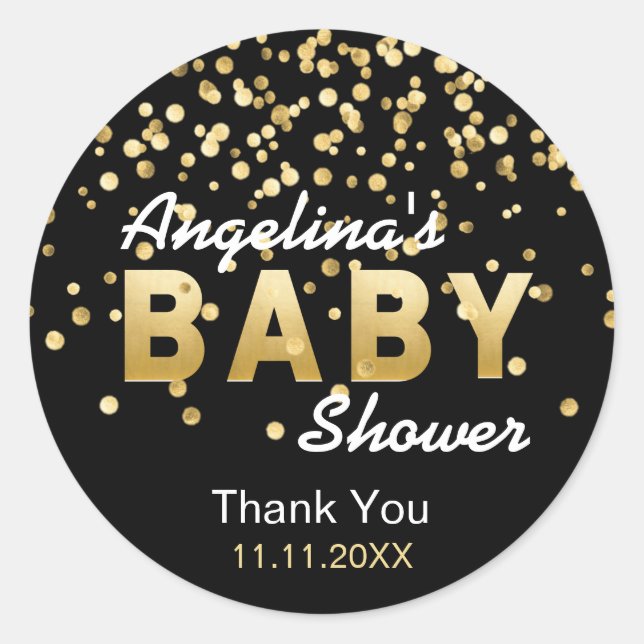 Sticker Rond Baby shower Confetti moderne et tendance en or noi (Devant)