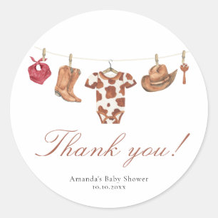 Sticker Rond Baby Shower cowboy aquarelle Merci