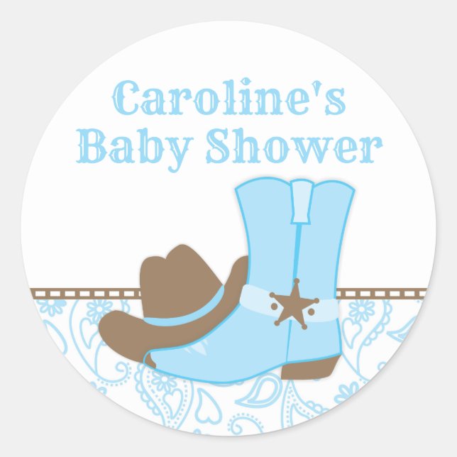 Sticker Rond Baby shower Cowboy Bleu et Brown (Devant)