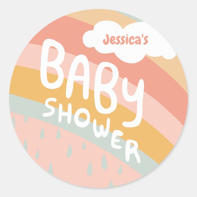 Sticker Rond BABY SHOWER Cute Nuages Rainbow Pluie Custom (Devant)
