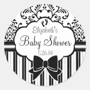 Sticker Rond Baby shower Damas et rayures noir et blanc