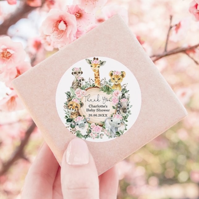 Sticker Rond Baby shower d'animaux sauvages de la jungle rose f (Créateur téléchargé)