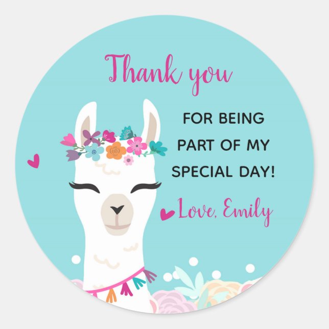 Sticker Rond Baby shower d'anniversaire Alpaca visage cadeau de (Devant)