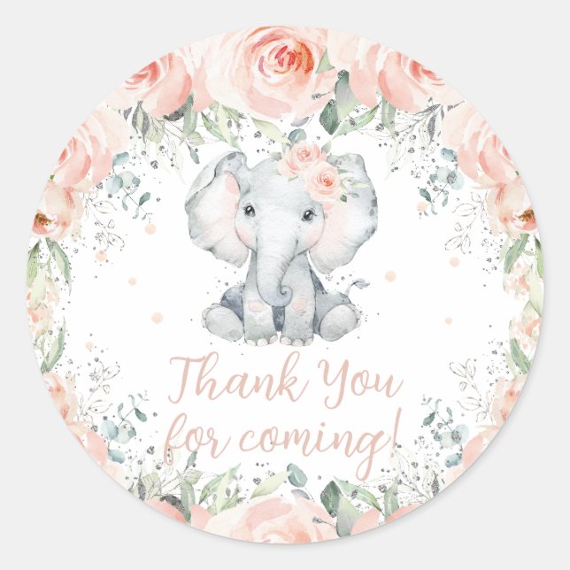Sticker Rond Baby shower d'anniversaire Chic Blush Floral Eleph (Devant)