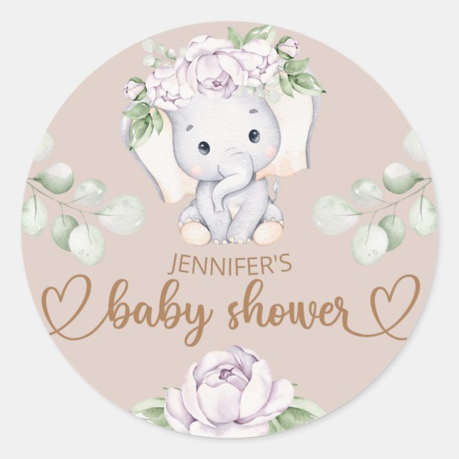 Sticker Rond Baby shower d'aquarelle bébé éléphant et fleur (Devant)