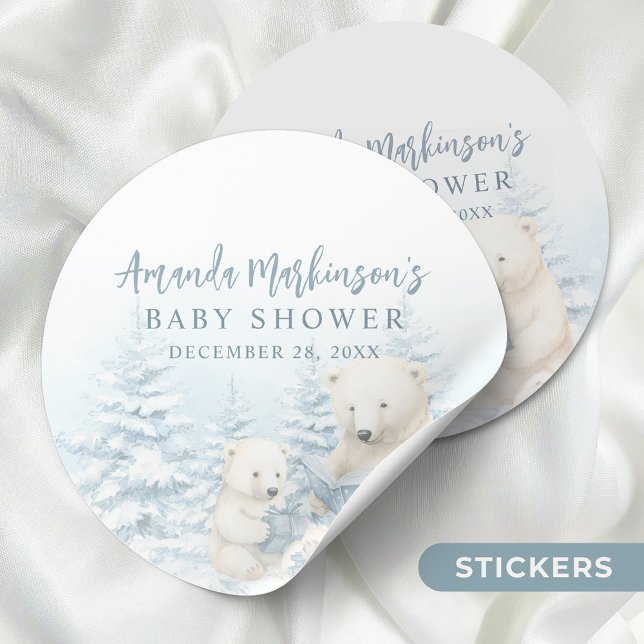 Sticker Rond Baby shower d'aquarelle bleu d'ours polaire d'hive (Créateur téléchargé)