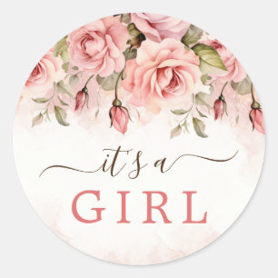 Sticker Rond Baby shower d'aquarelle Blush Rose C'est une fille