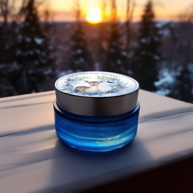 Sticker Rond Baby shower d'aquarelle de cerfs d'hiver (Winter Deer Watercolor Baby Shower Classic Round Sticker)