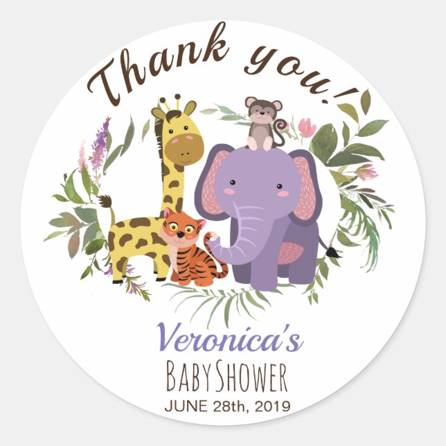 Sticker Rond Baby shower d'aquarelle Jungle Safari Merci (Devant)