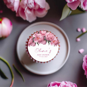 Sticker Rond Baby shower d'aquarelle Pink Peonies