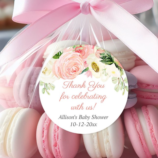 Sticker Rond Baby shower d'aquarelles florales crème rose pâle (Créateur téléchargé)