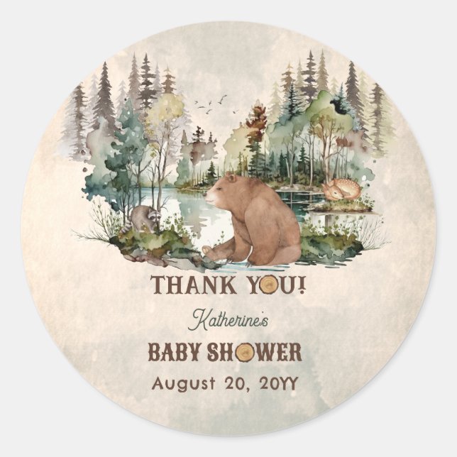 Sticker Rond Baby shower d'attente avant forêt rustique Merci (Devant)