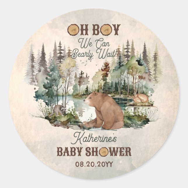 Sticker Rond Baby shower d'attente de forêt rustique Favoriser (Devant)
