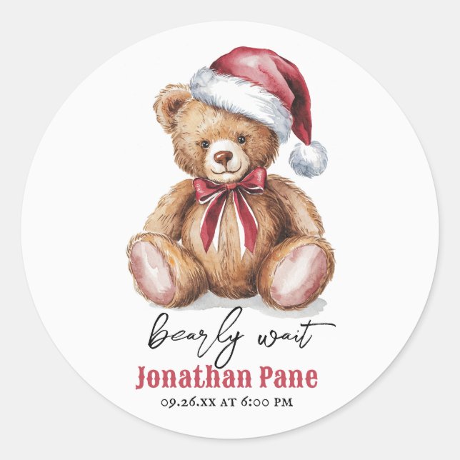 Sticker Rond Baby shower d'attente de l'ours de Noël (Devant)