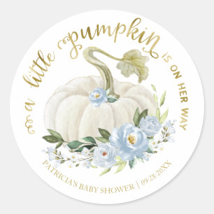 Sticker Rond Baby shower d'automne bleu Floral Little Citrouill