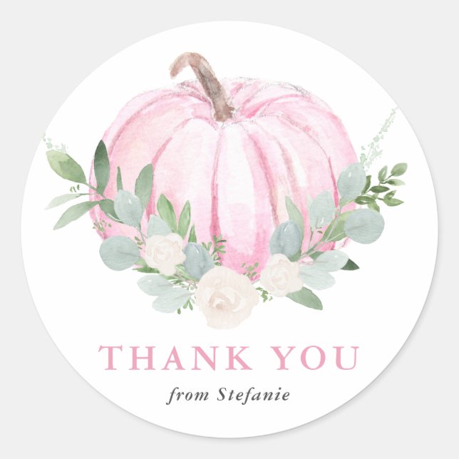 Sticker Rond Baby shower d'automne Citrouille rose Aquarelle Me (Devant)