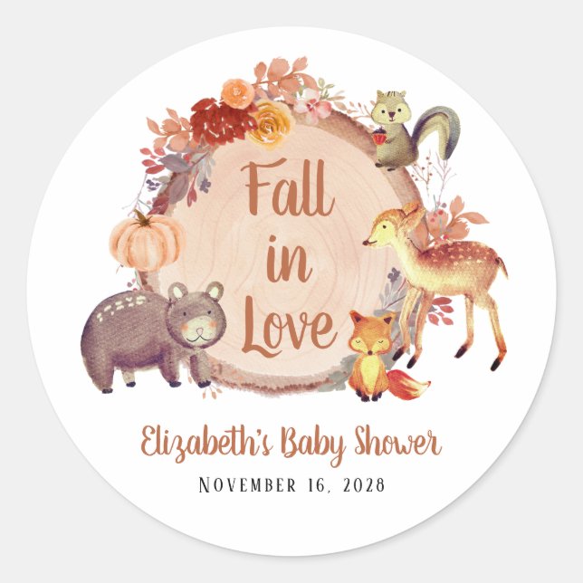 Sticker Rond Baby shower d'automne des animaux rustiques en boi (Devant)