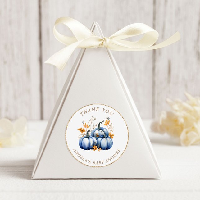 Sticker Rond Baby shower d'automne du Citrouille d'or bleu (Créateur téléchargé)