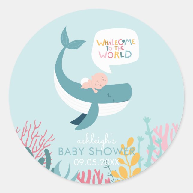 Sticker Rond Baby shower de baleine couchée mignonne (Devant)