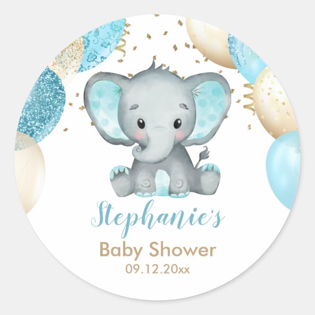 Sticker Rond Baby shower de Ballons d'or Turquiose Eléphant (Devant)
