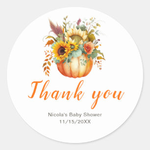 Sticker Rond Baby shower de bouquet de fleurs citrouilles
