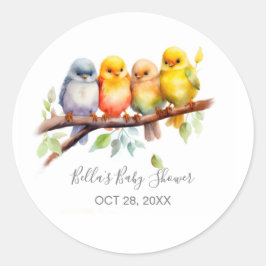 Sticker Rond Baby shower de branches d'arbres aux oiseaux migno