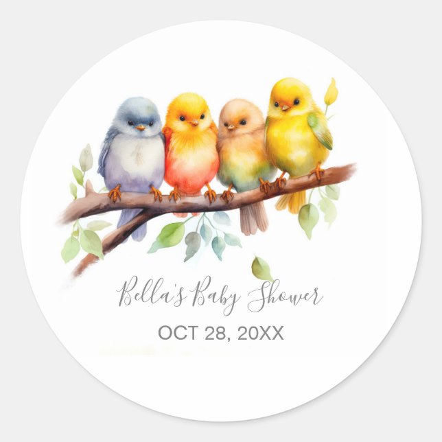 Sticker Rond Baby shower de branches d'arbres aux oiseaux migno (Devant)
