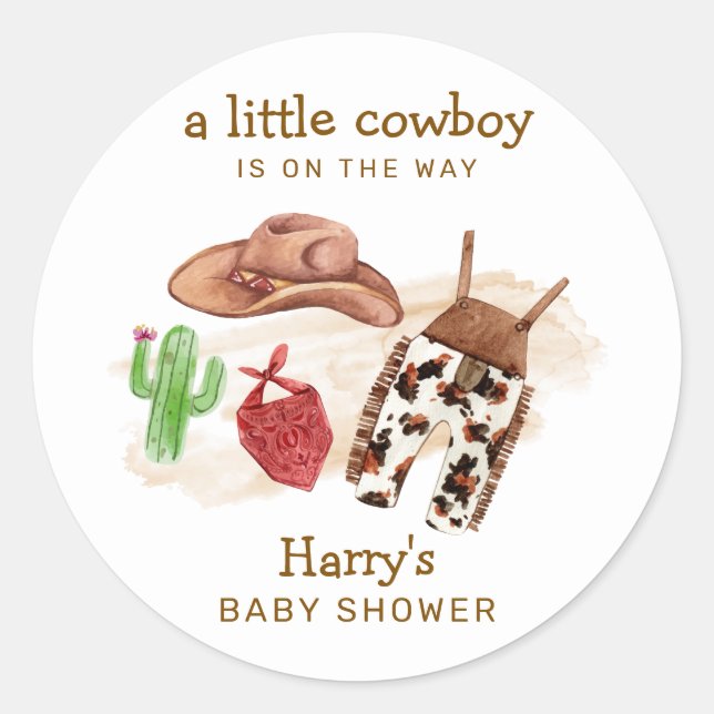 Sticker Rond Baby shower de Cactus Cowboy du désert occidental  (Devant)