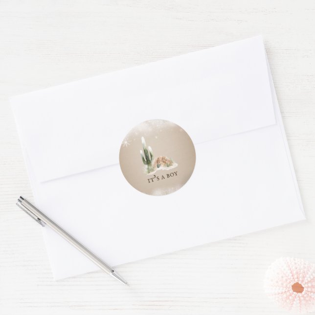 Sticker Rond Baby shower de Cactus de neige du désert (Enveloppe)