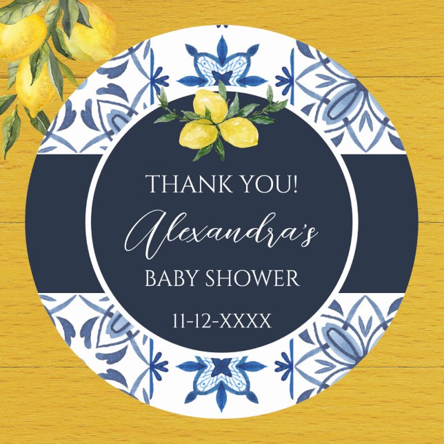 Sticker Rond Baby shower de citron italien bleu marine Merci (Créateur téléchargé)