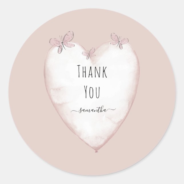 Sticker Rond Baby shower de coeur rose et papillon Merci (Devant)
