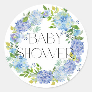 Sticker Rond Baby shower de couronne moderne Blue Hydrangea