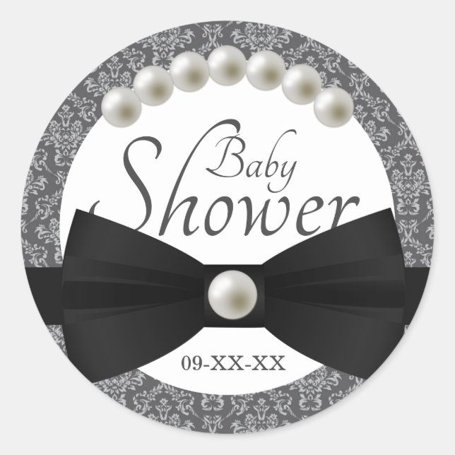 Sticker Rond Baby shower de Cravate Damask Pearls et Bow Favori (Devant)