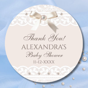 Sticker Rond Baby shower de dentelle rose Régence Bow Merci