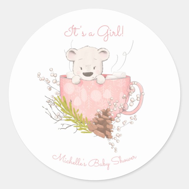 Sticker Rond Baby shower de fille d'ours d'hiver rose (Devant)