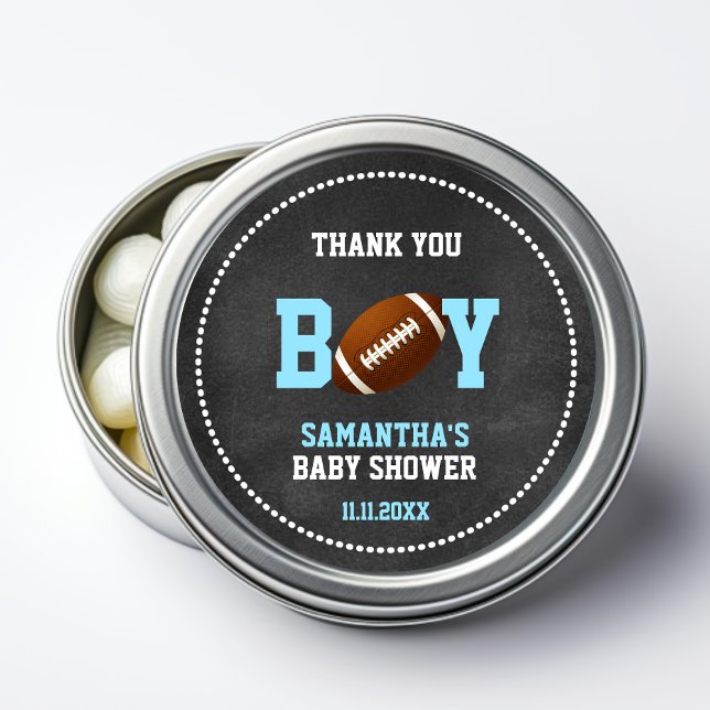 Sticker Rond BABY SHOWER de FOOTBALL Chalkboard MERCI garçon (FOOTBALL Baby Shower Chalkboard Boy THANK YOU Classic Round Sticker | Sports)