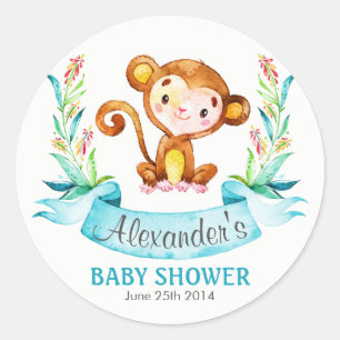 Sticker Rond Baby shower de garçon de singe d'aquarelle