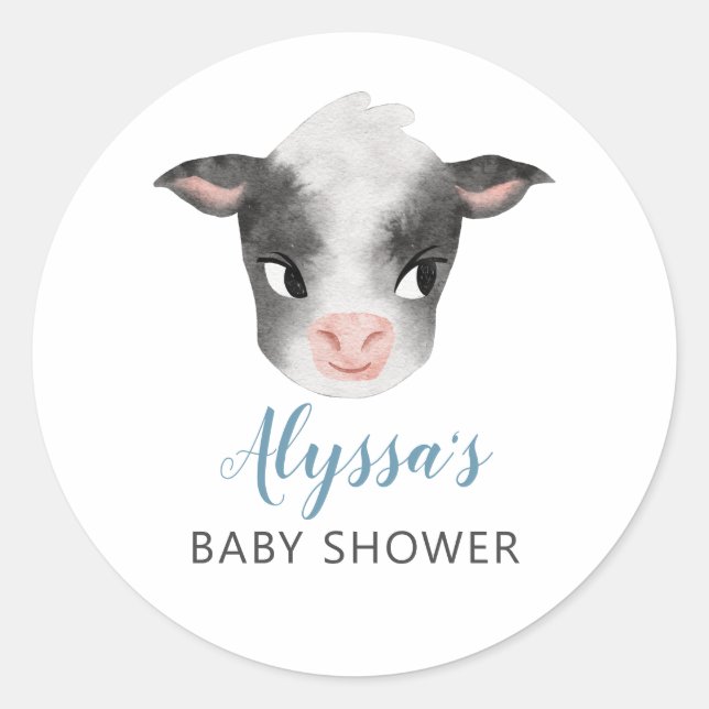 Sticker Rond Baby shower de garçon de vache bleu (Devant)
