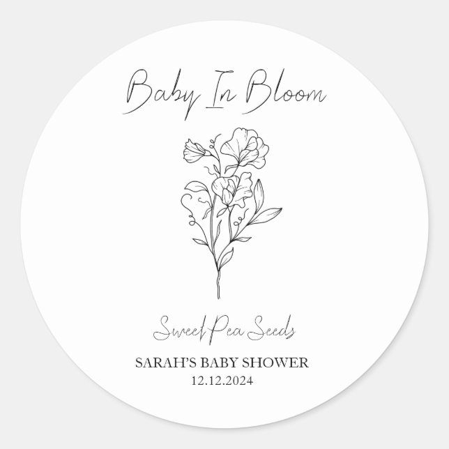 Sticker Rond Baby shower de graines de pois doux en fleurs (Devant)