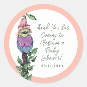 Sticker Rond Baby shower de la jungle aux oiseaux tropicaux ros